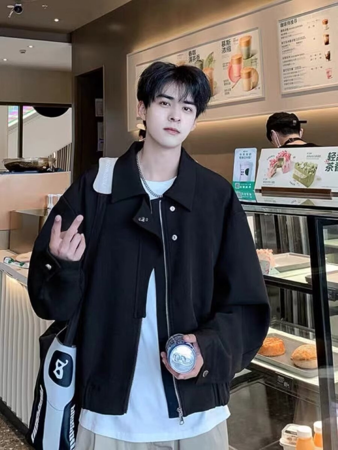 Black Spread Collar Long Sleeves Solid Polyester Open Front Jacket