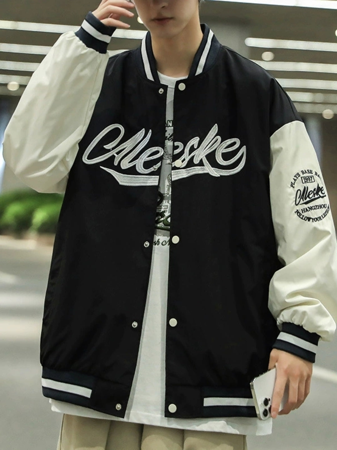 Black Stand Collar Long Sleeves Printed Polyester Open Front Jacket