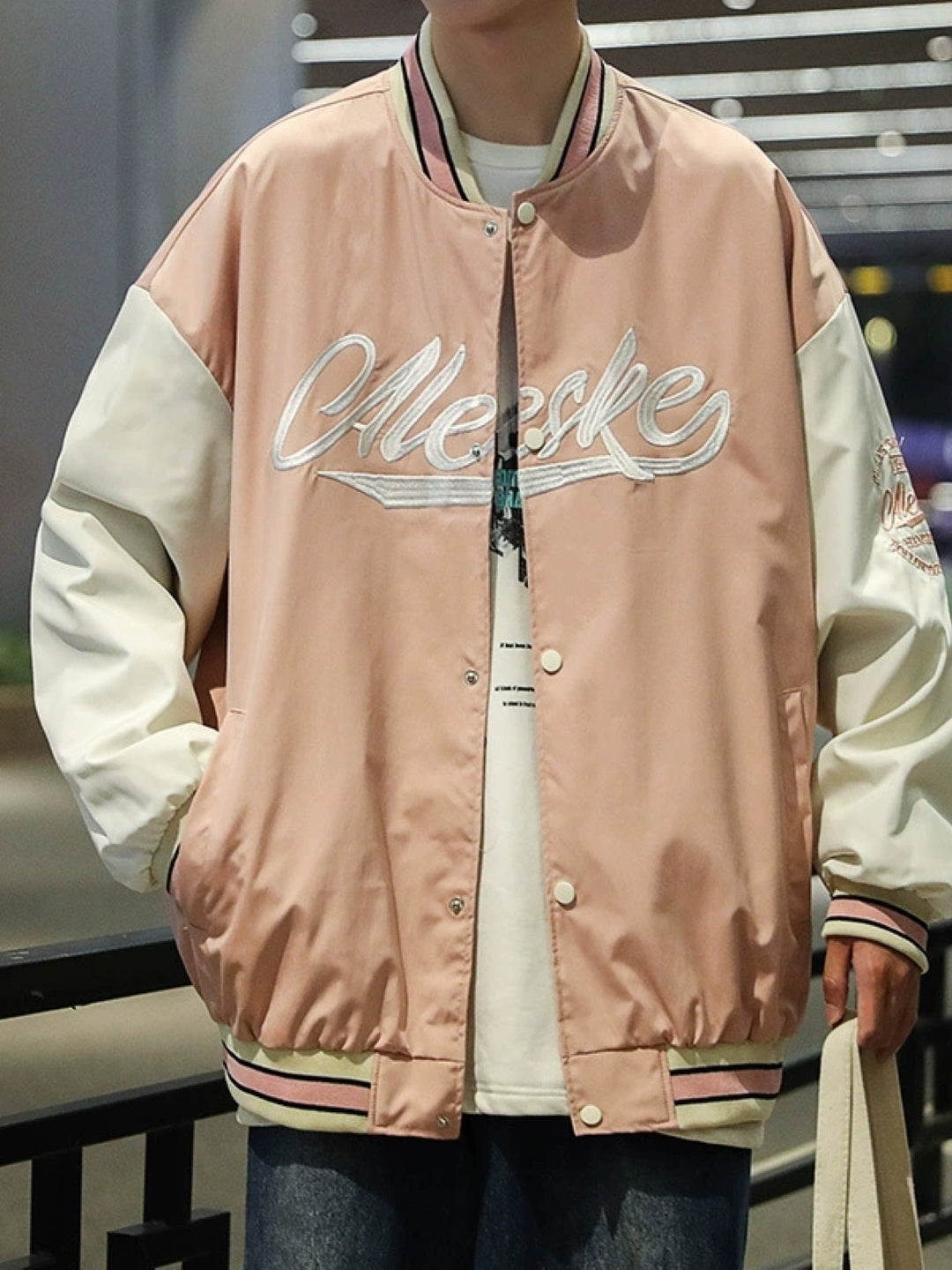 Pink Stand Collar Long Sleeves Printed Polyester Open Front Jacket