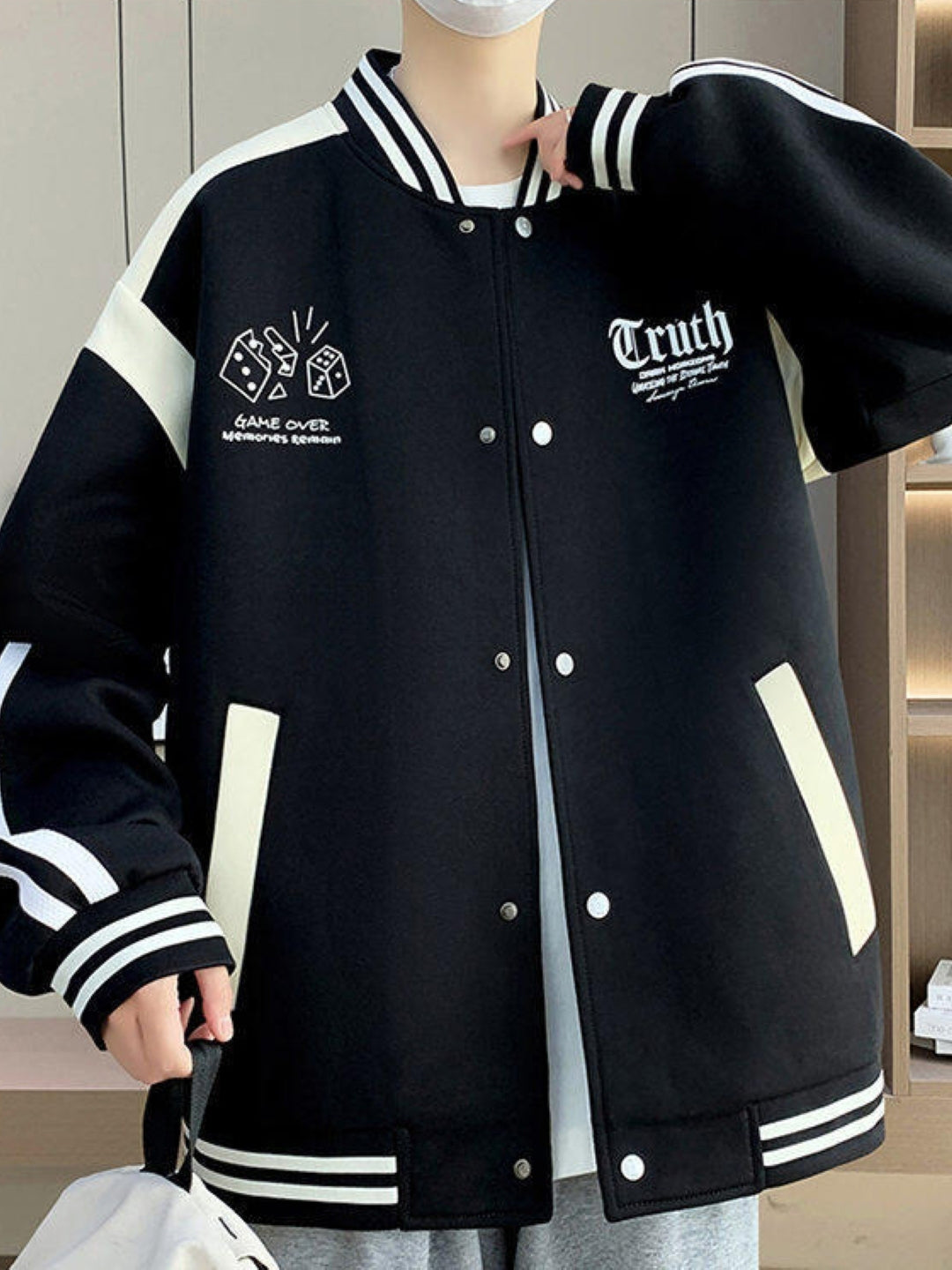 Black Stand Collar Long Sleeves Printed Polyester Open Front Jacket