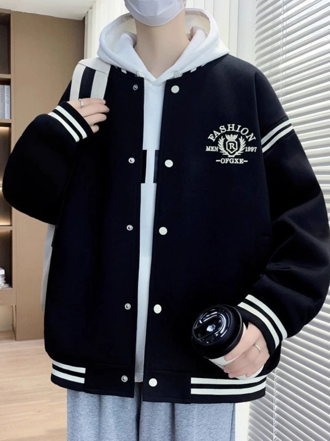 Black Stand Collar Long Sleeves Printed Polyester Open Front Jacket