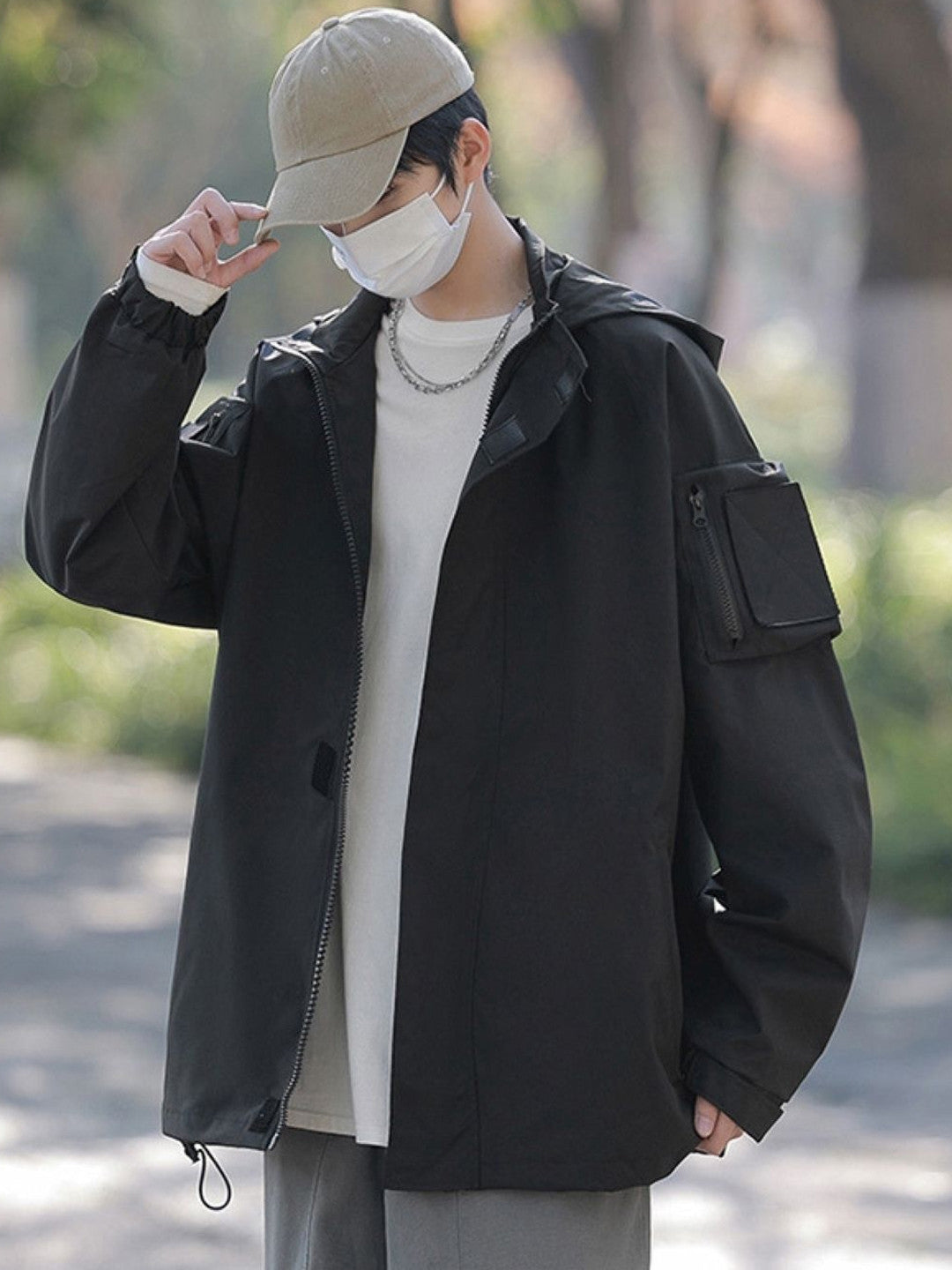 Black Hooded Long Sleeves Solid Polyester Open Front Jacket