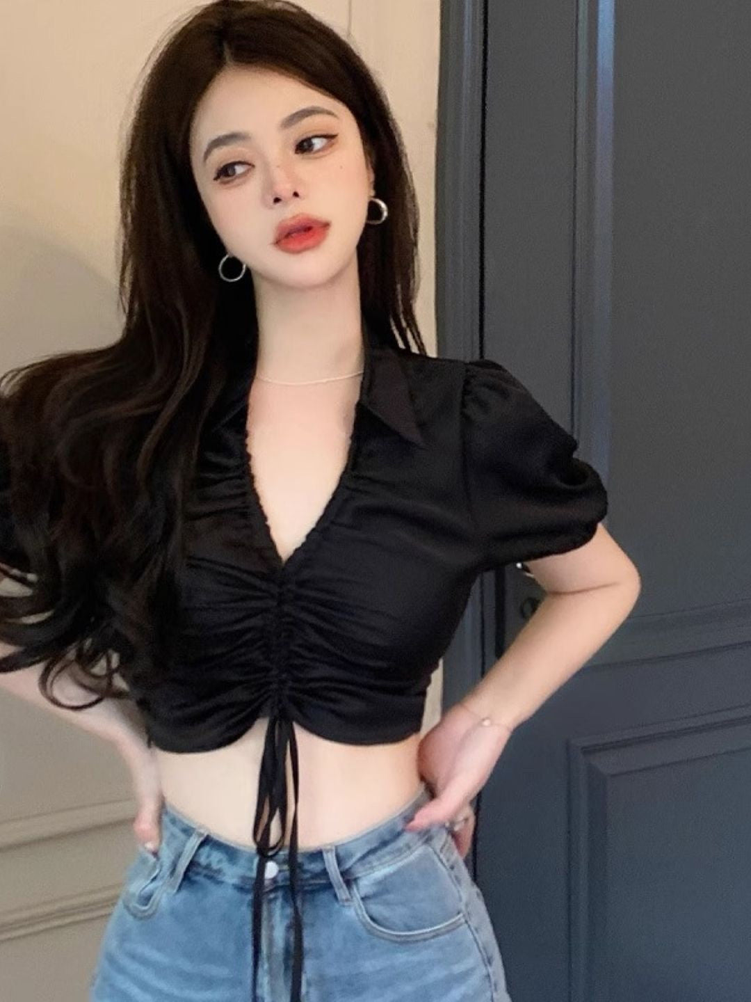 Black Shirt Collar Short Sleeves Solid Polyester Regular Top