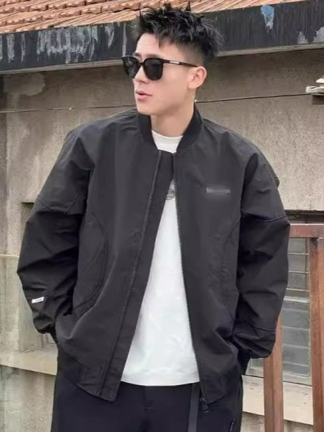 Black Collarless Long Sleeves Typography Polyester Open Front Jacket