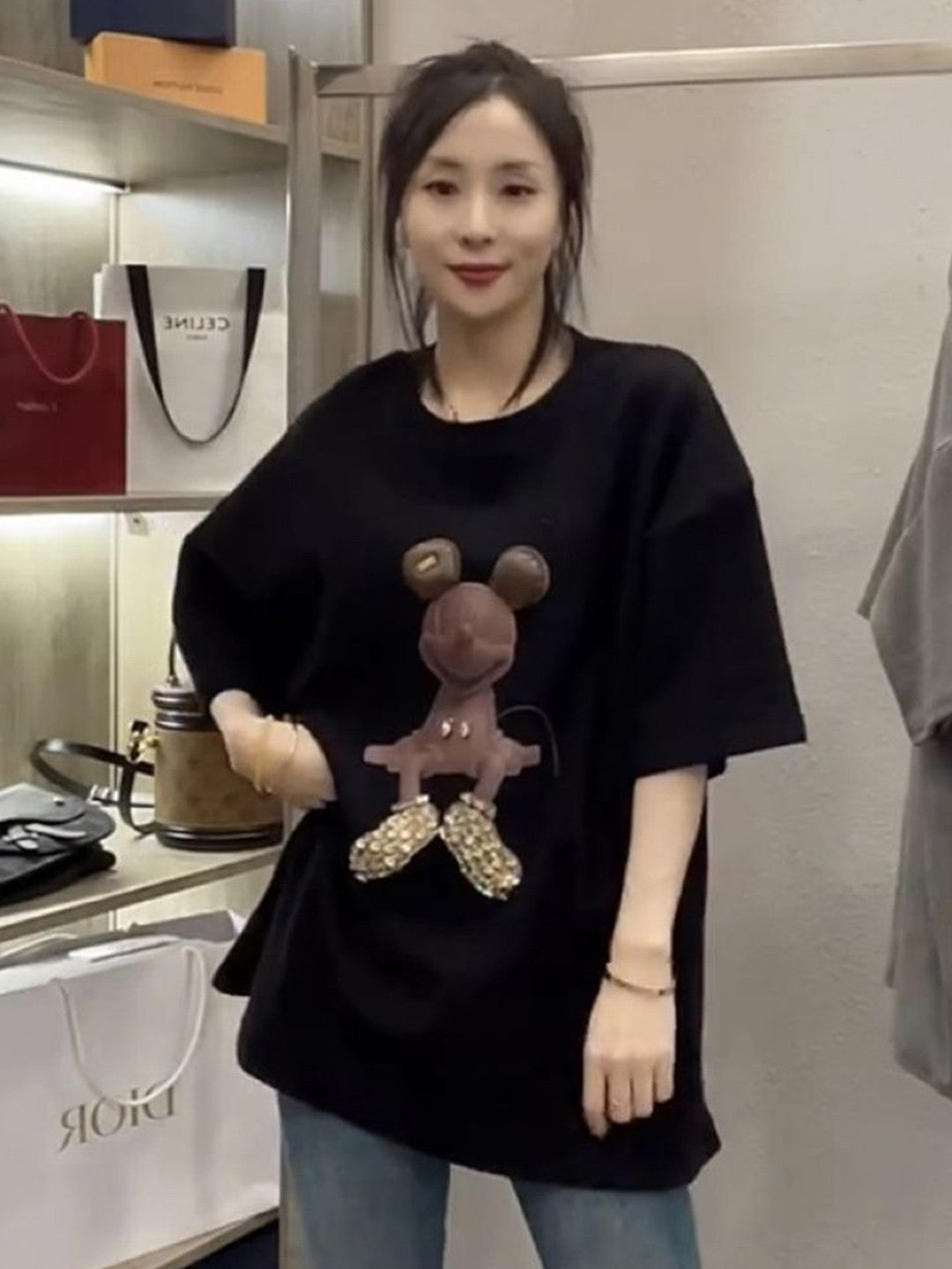 Black Round Neck Short Sleeves Graphic Polyester Tops