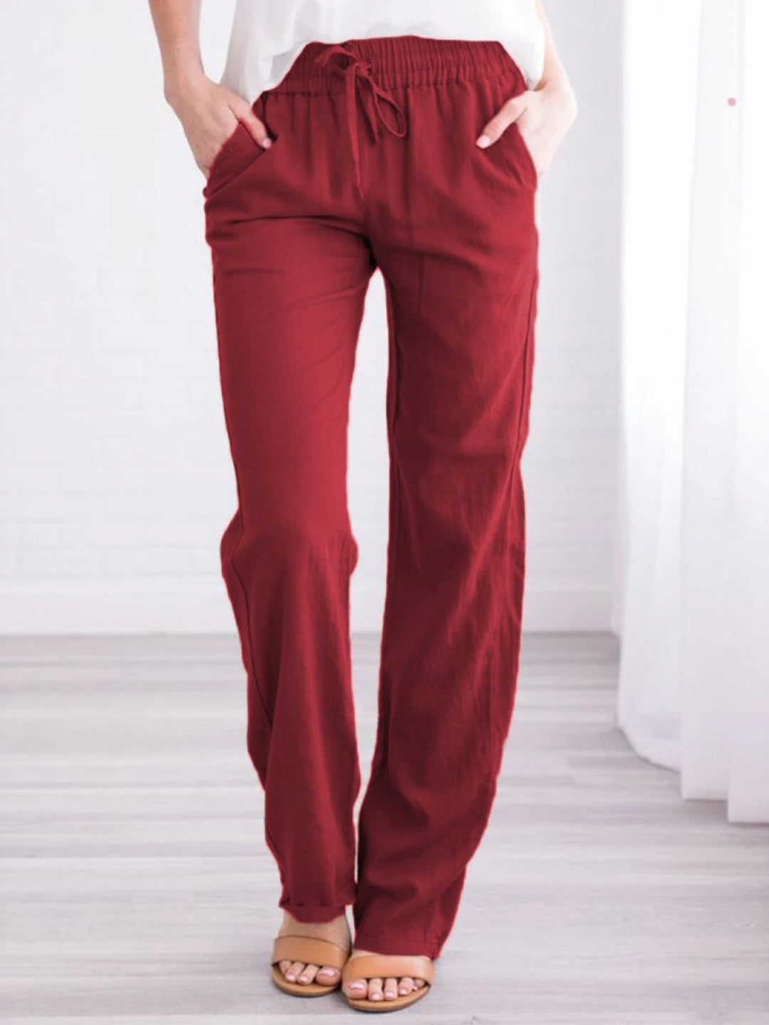 Red Regular Fit Solid Cotton Trouser