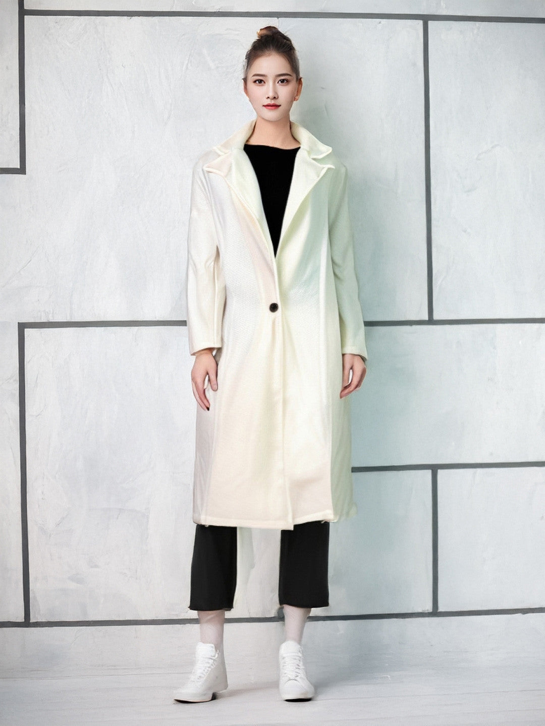 White Lapel Collar Solid Long Sleeves Polyester Jacket