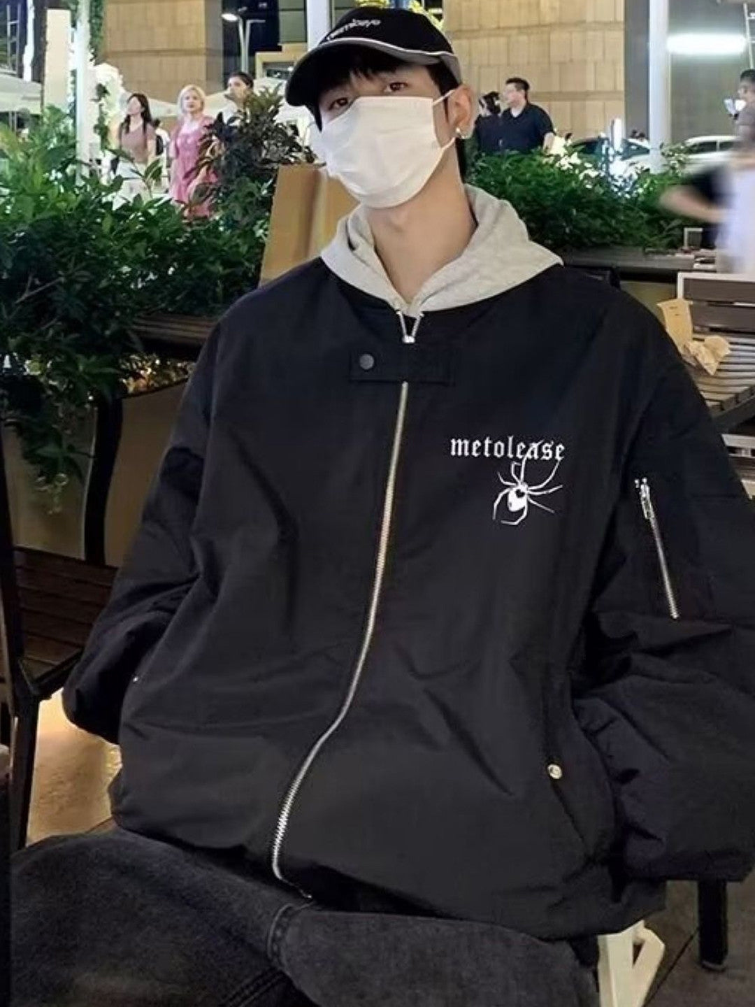 Black Collarless Long Sleeves Graphic Polyester Open Front Jacket