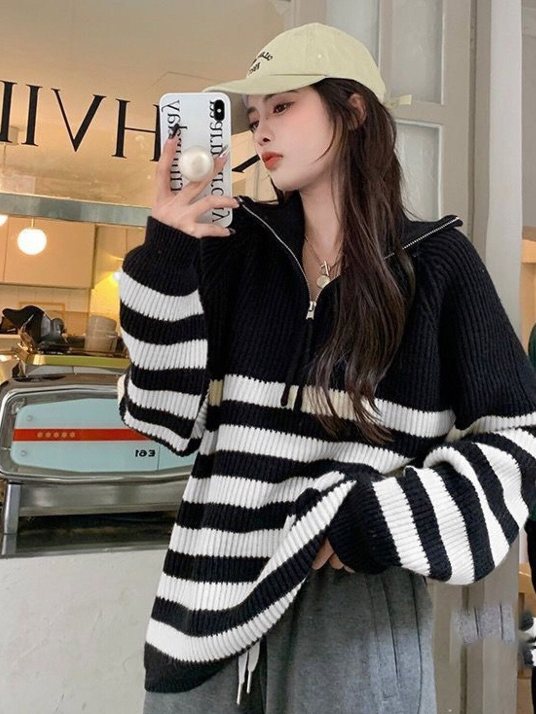 Black Shirt Collar Long Sleeves Horizontal Stripes Regular Sleeves Acrylic Top