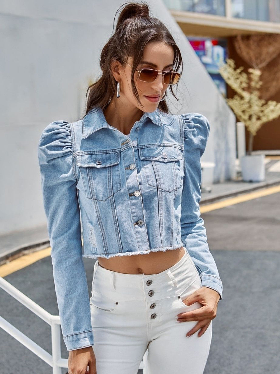 Blue Stand Collar Solid Long Sleeves Cotton Jacket