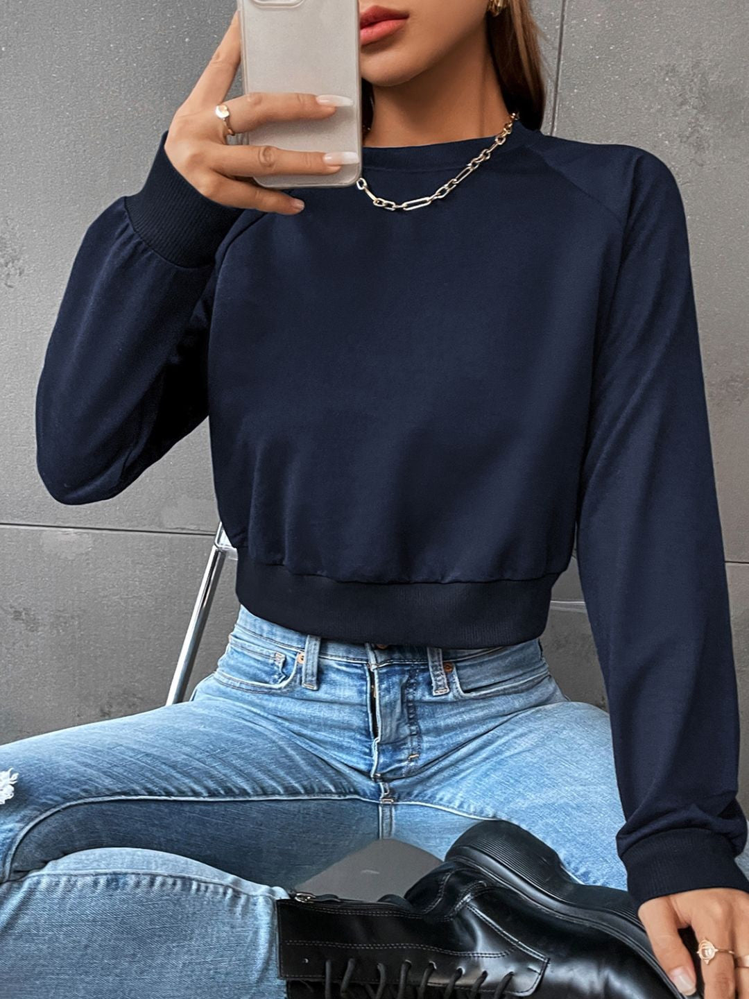 Navy Blue Round Neck Long Sleeves Solid Polyester Regular Top