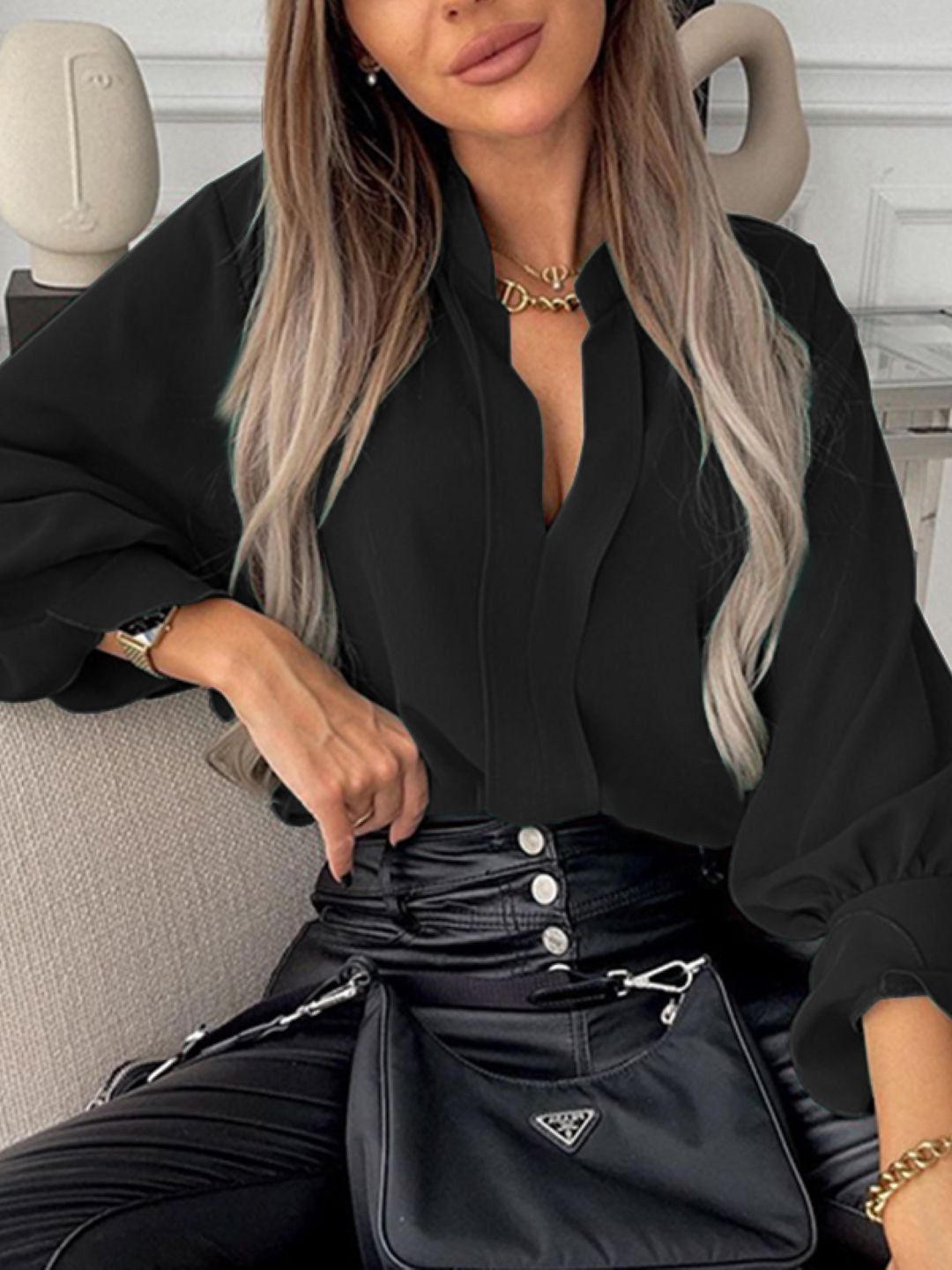 Black Halter Neck Solid Long Sleeves Polyester Top