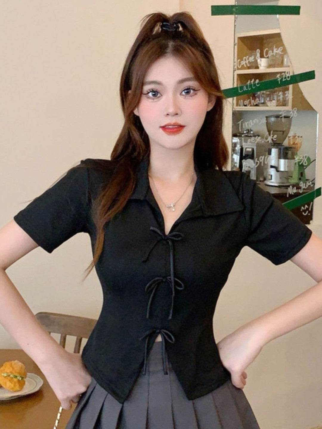Black Shirt Collar Short Sleeves Solid Polyester Tops