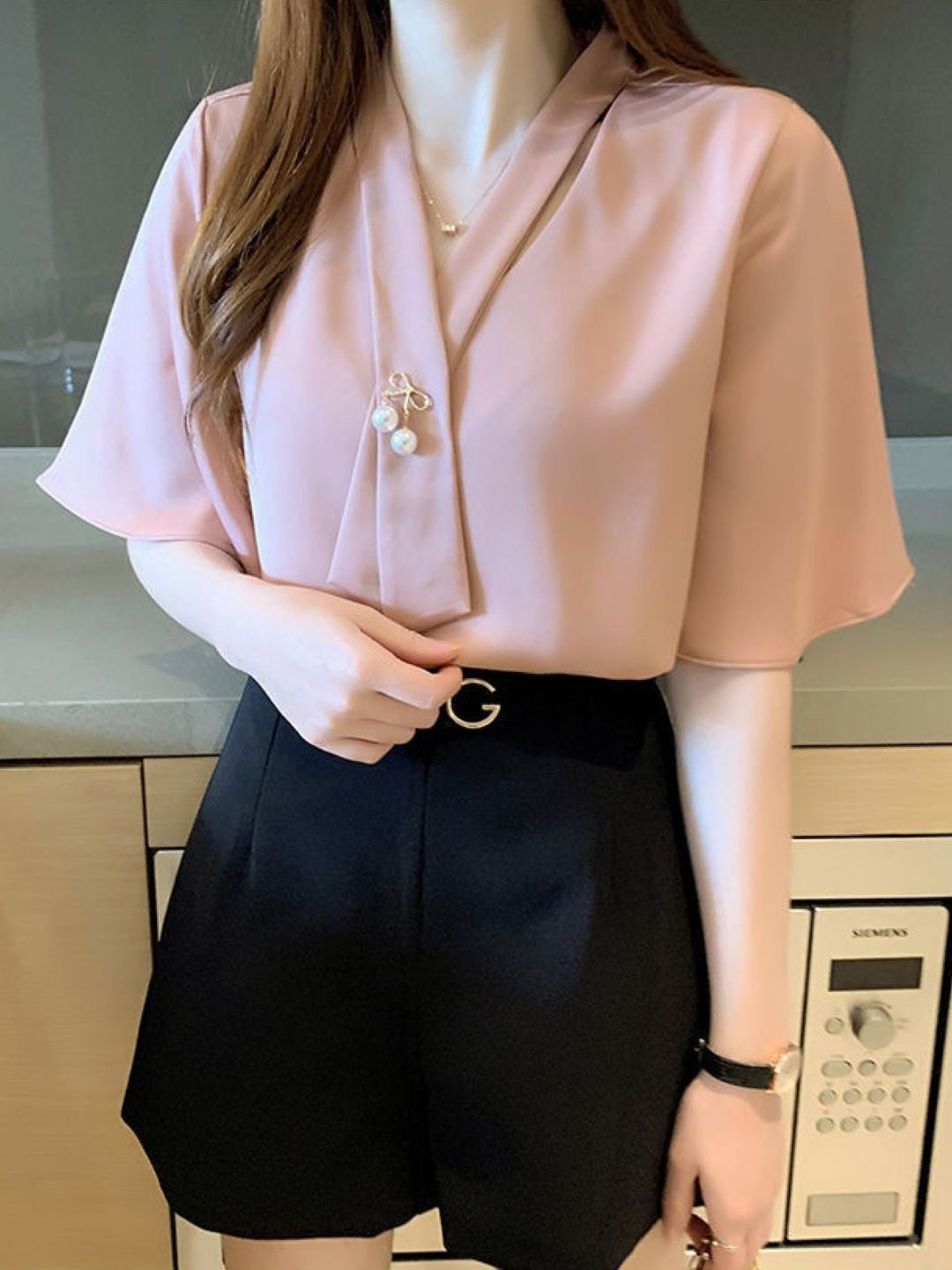 Pink V-Neck Short Sleeves Solid Polyester Top