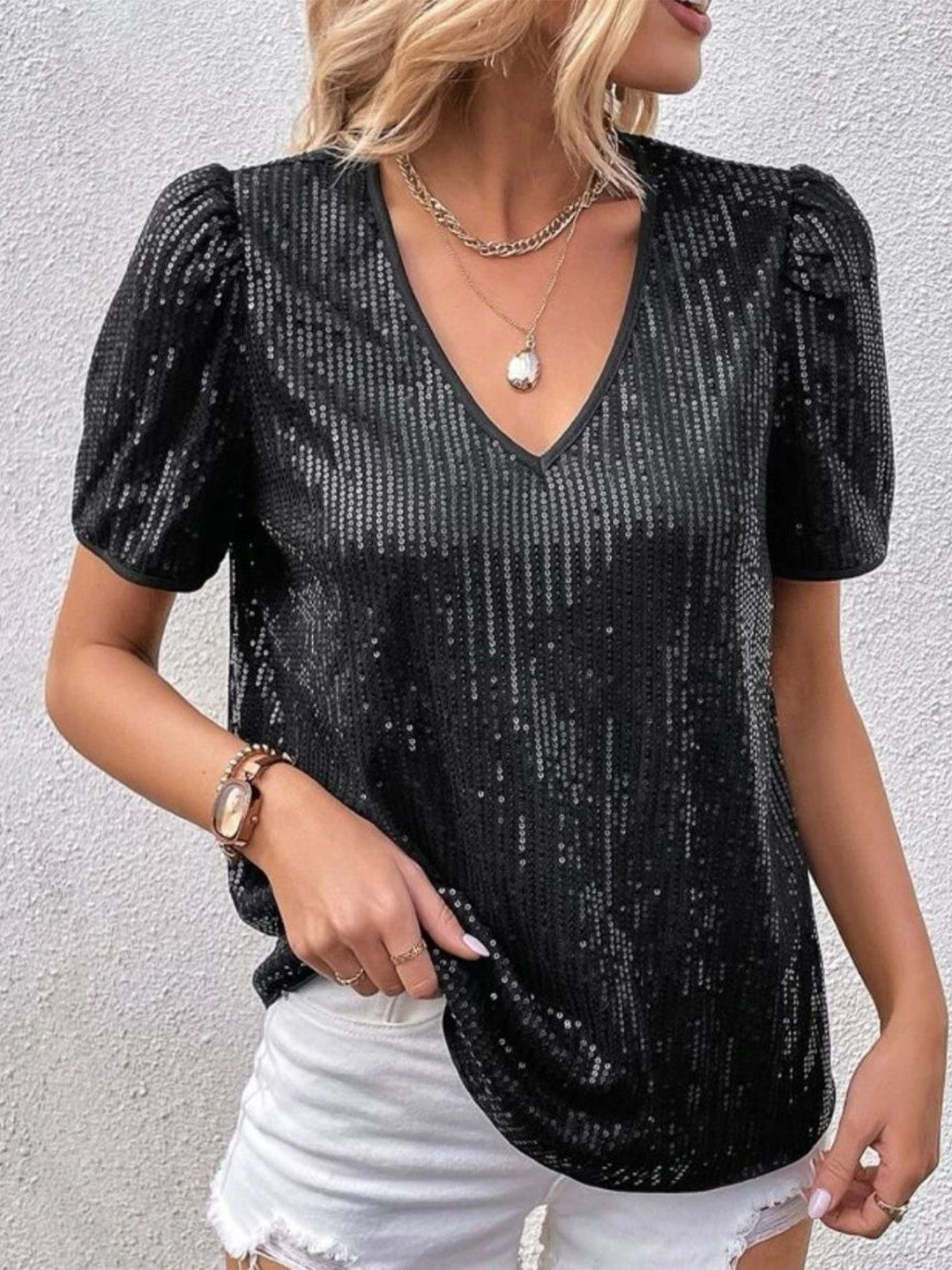 Black V-Neck Short Sleeves Solid Polyester Top