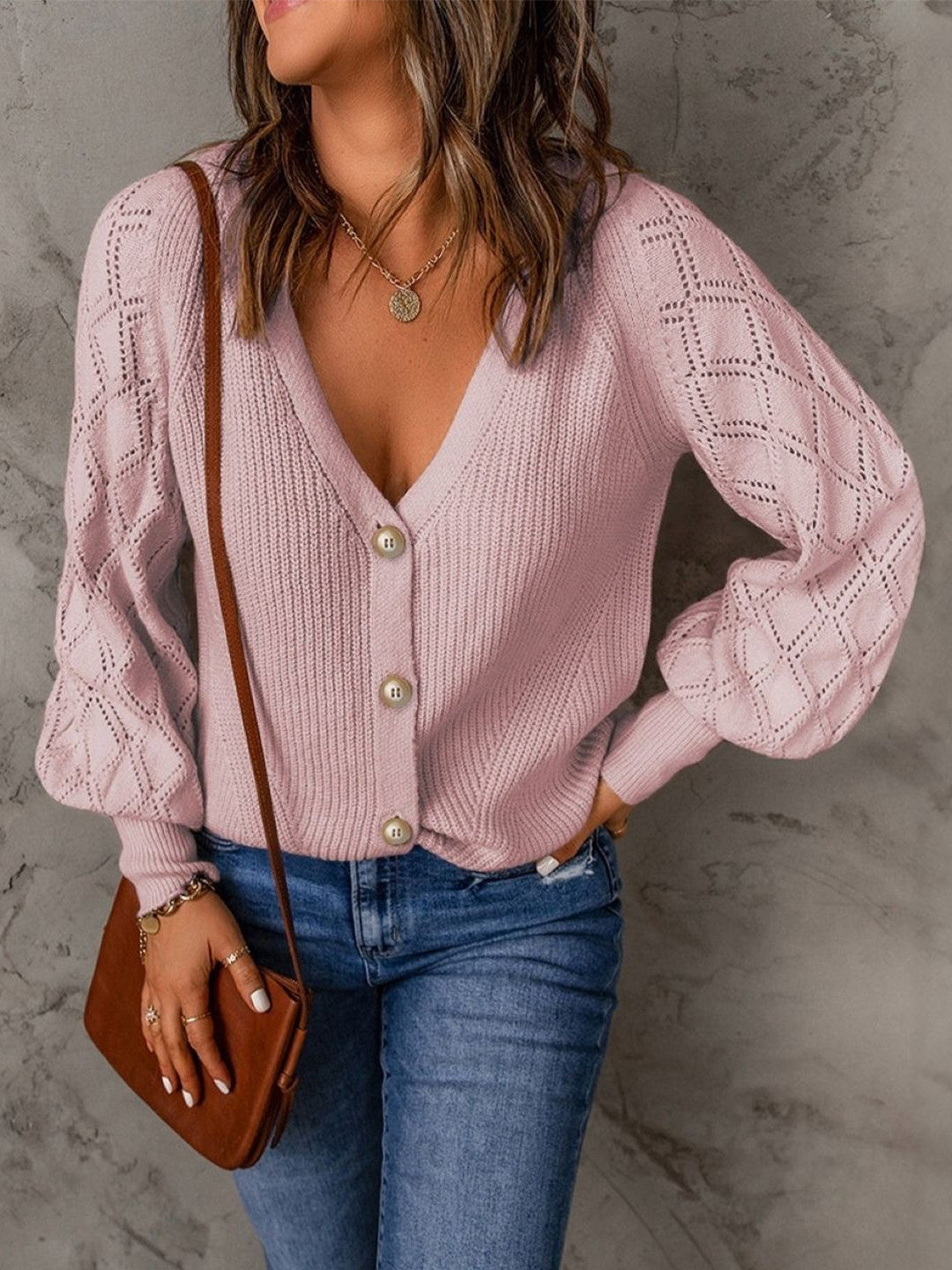Pink V-Neck Long Sleeves Solid Polyester Top