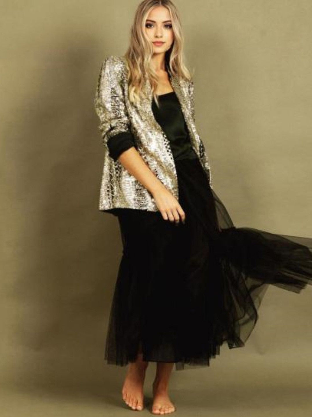 Gold Lapel Collar Solid Long Sleeves Polyester Jacket