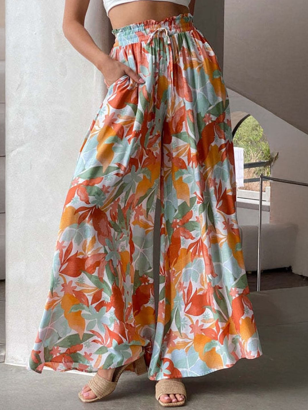 Orange Loose Fit Printed Polyester Trouser