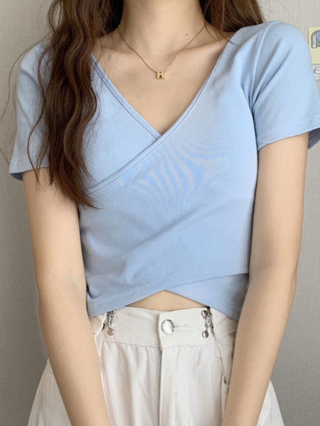 Blue V-Neck Short Sleeves Solid Polyester Tops