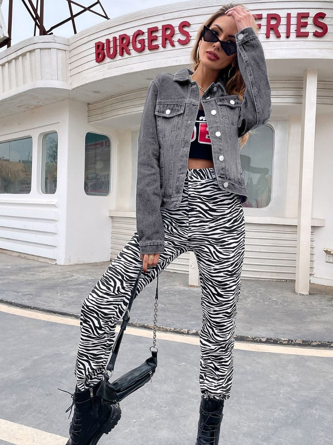 Blue Stand Collar Solid Long Sleeves Cotton Jacket