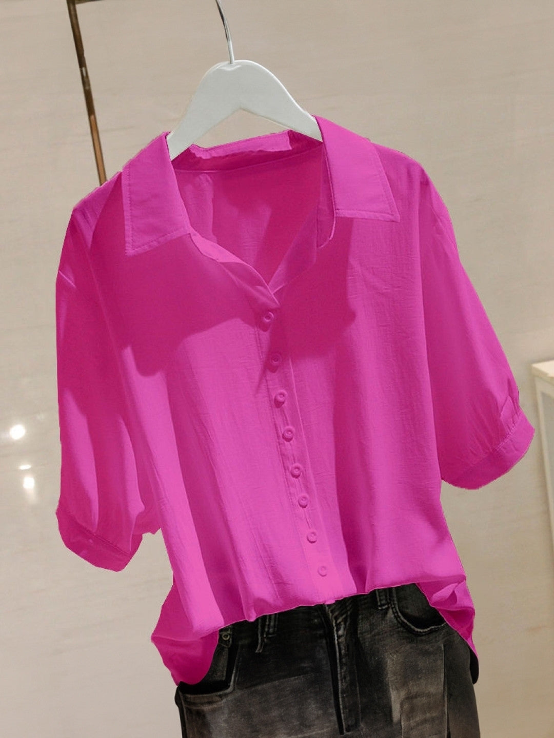 Pink Shirt Collar Short Sleeves Solid Polyester Top