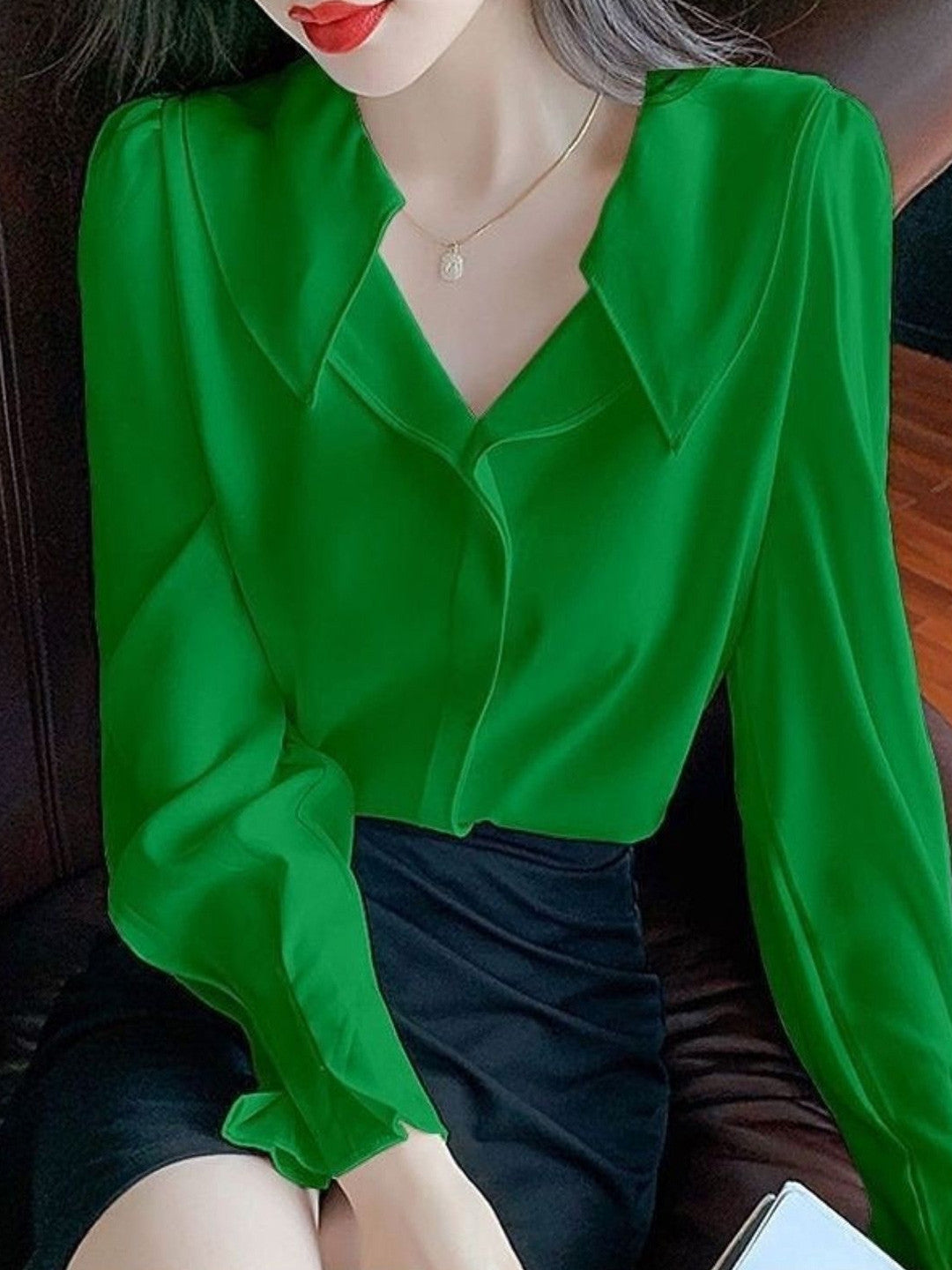 Green Shirt Collar Long Sleeves Solid Polyester Top