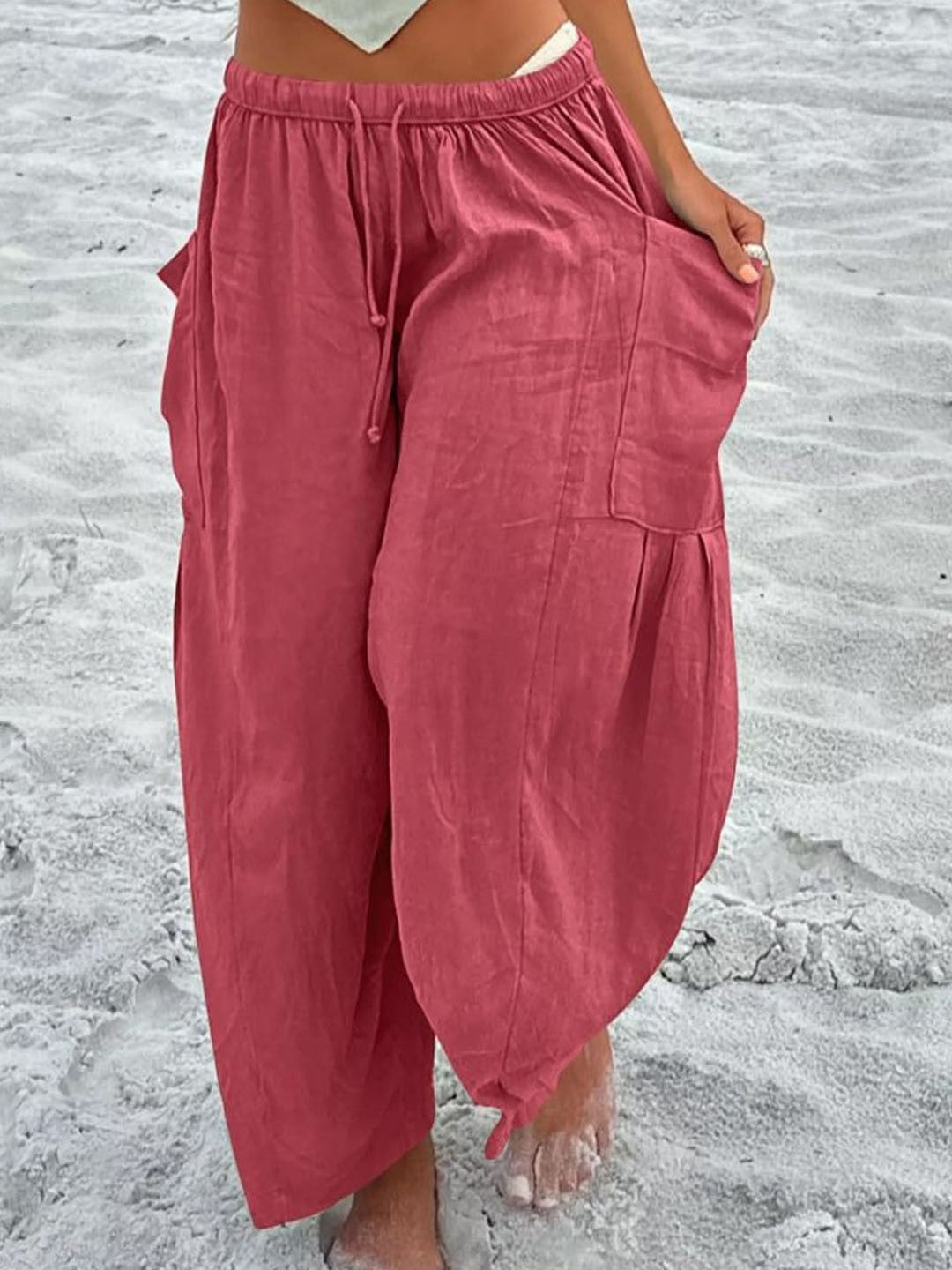 Pink Loose Fit Solid Polyester Trouser