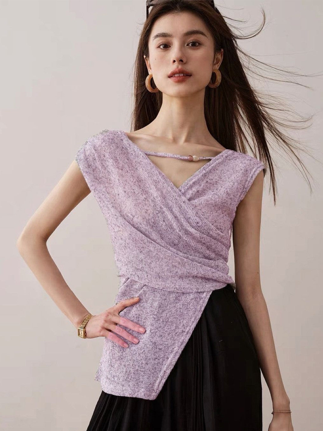 Purple V-Neck Sleeveless Solid Polyester Top