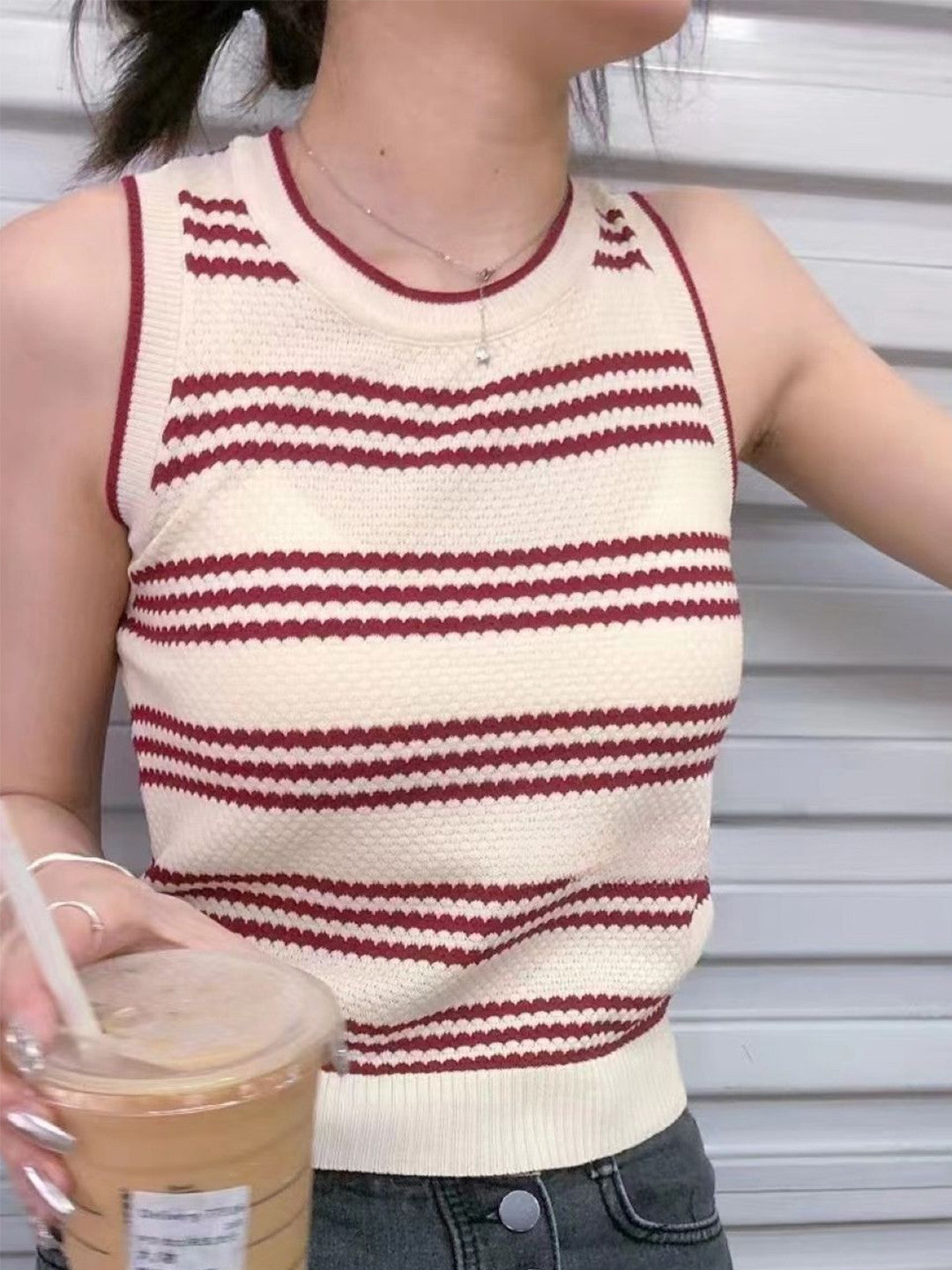 Red Round Neck Sleeveless Horizontal Stripes Polyester Top