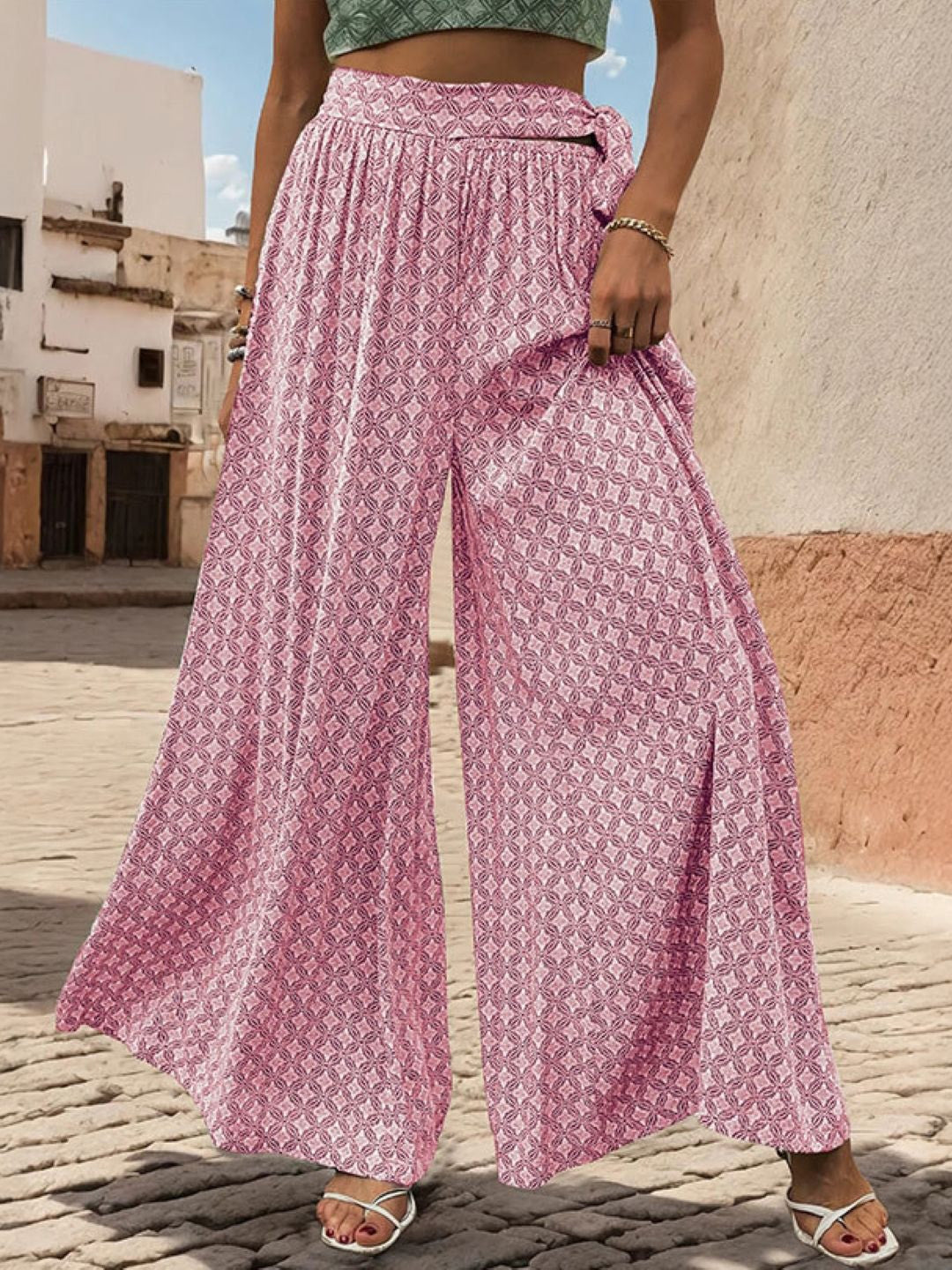 Pink Loose Fit Printed Polyester Trouser