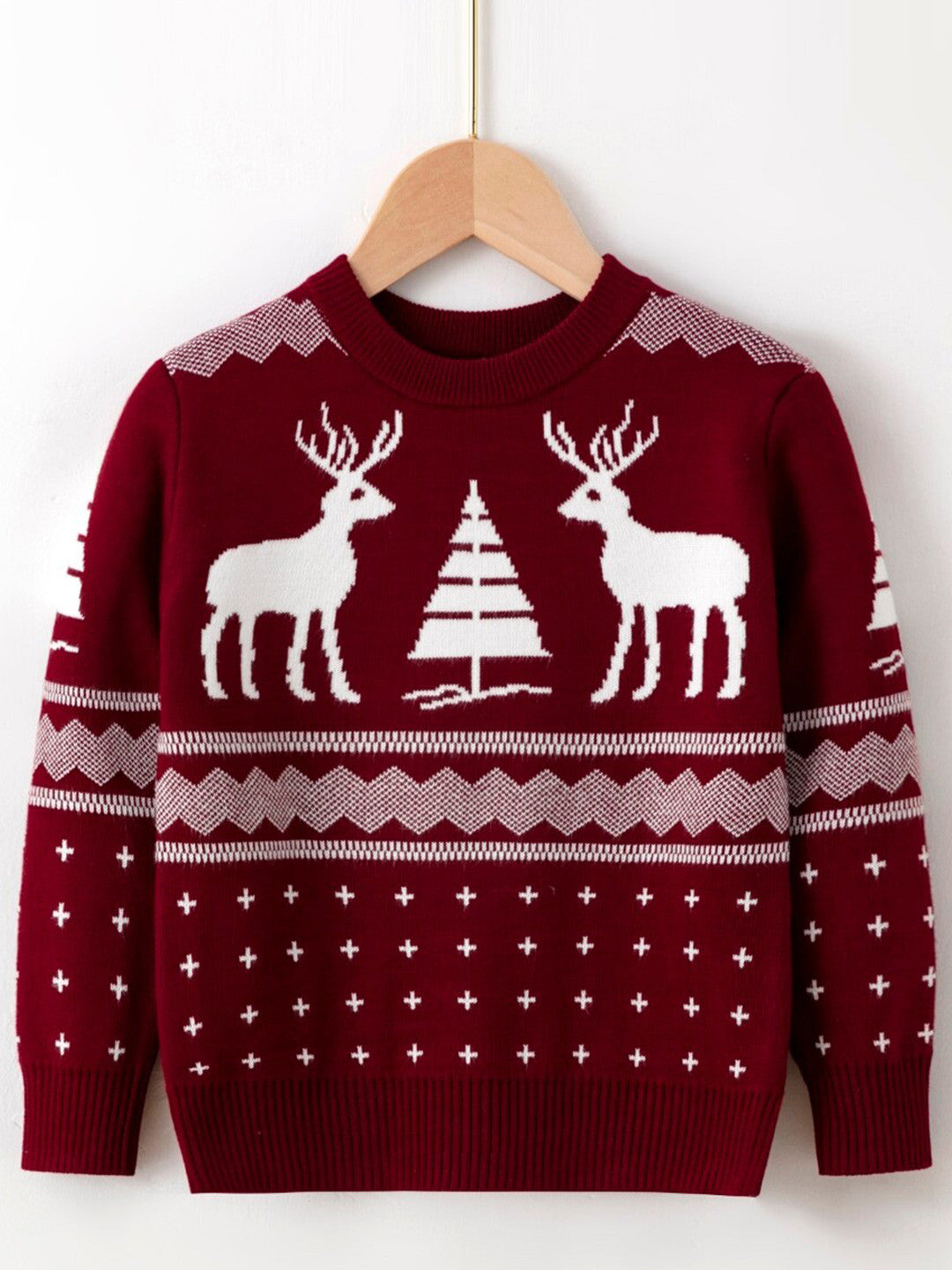 Red Round Neck Printed Long Sleeves Casual Pullover Viscose Rayon Sweater