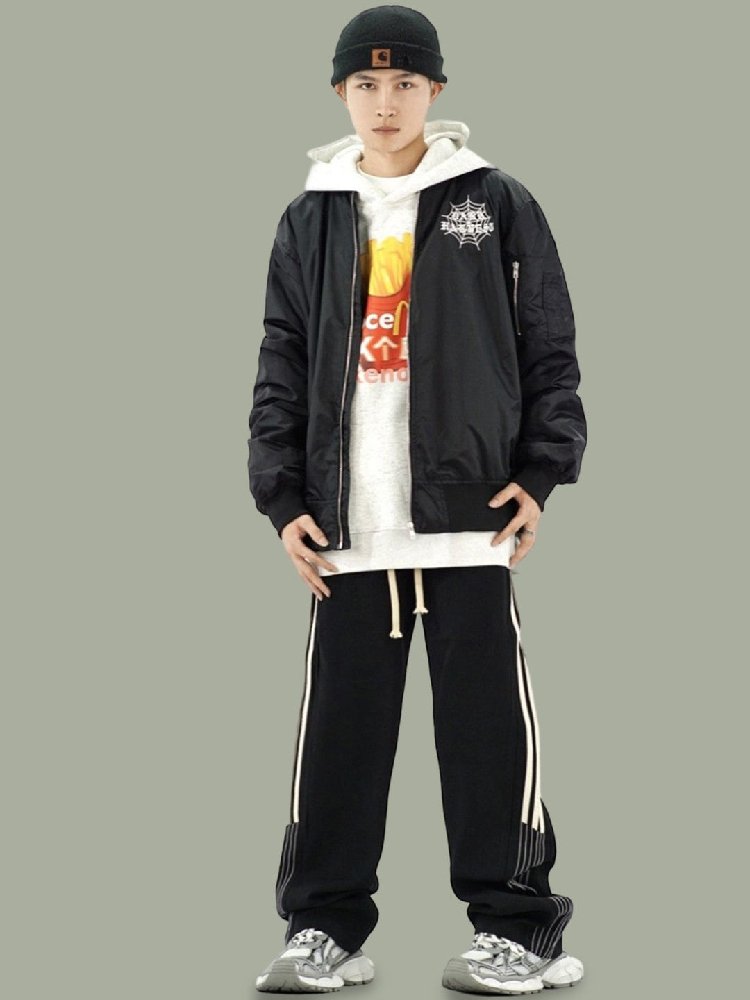 Black Collarless Long Sleeves Graphic Polyester Open Front Jacket