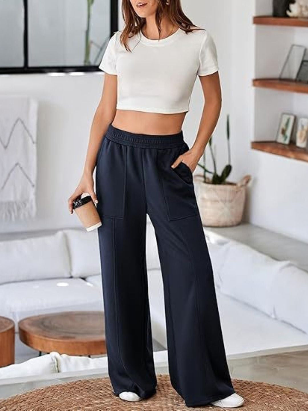 Navy Blue Relaxed Fit Solid Polyester Trouser