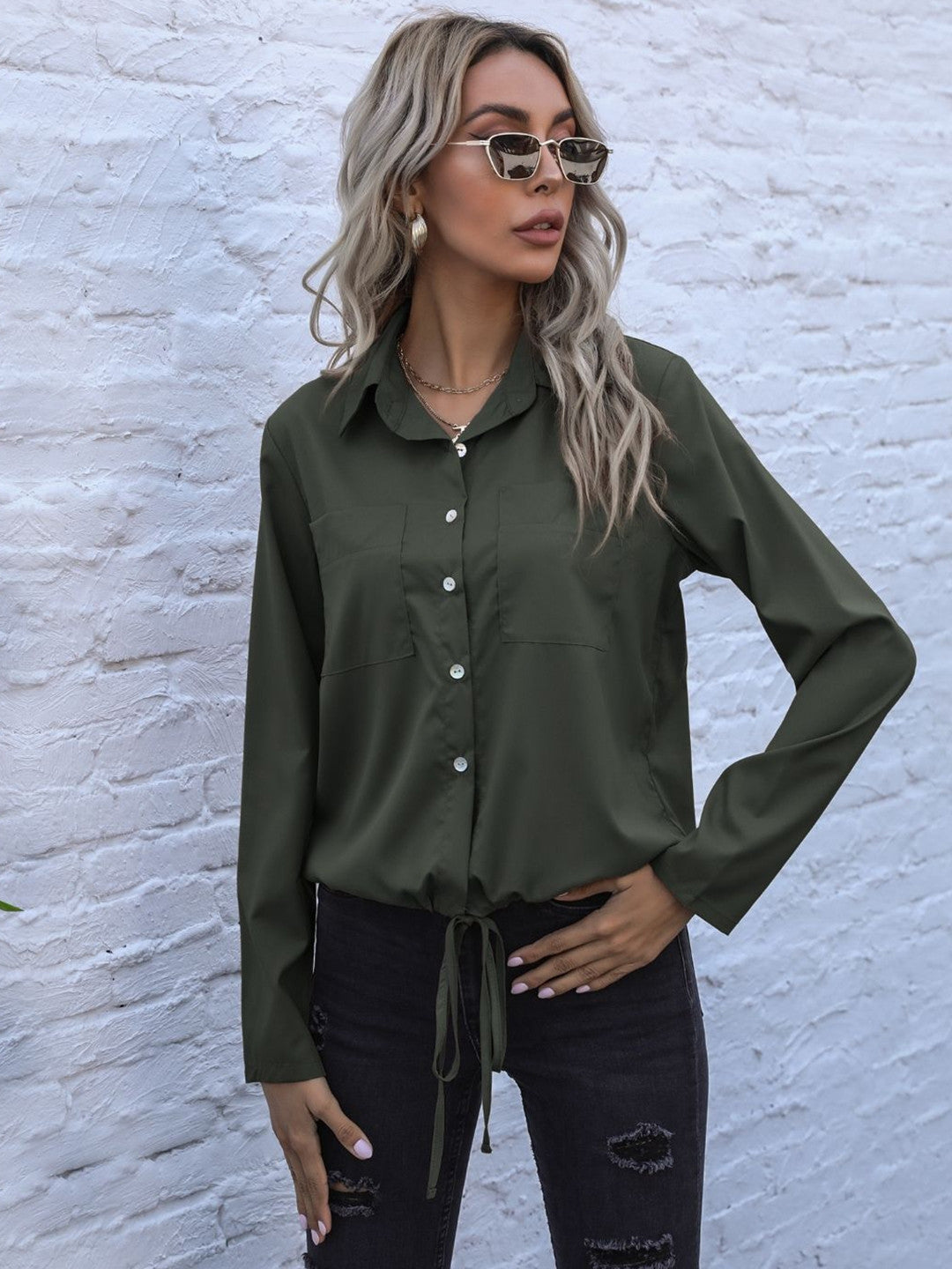 Green Shirt Collar Solid Long Sleeves Opaque Polyester Top