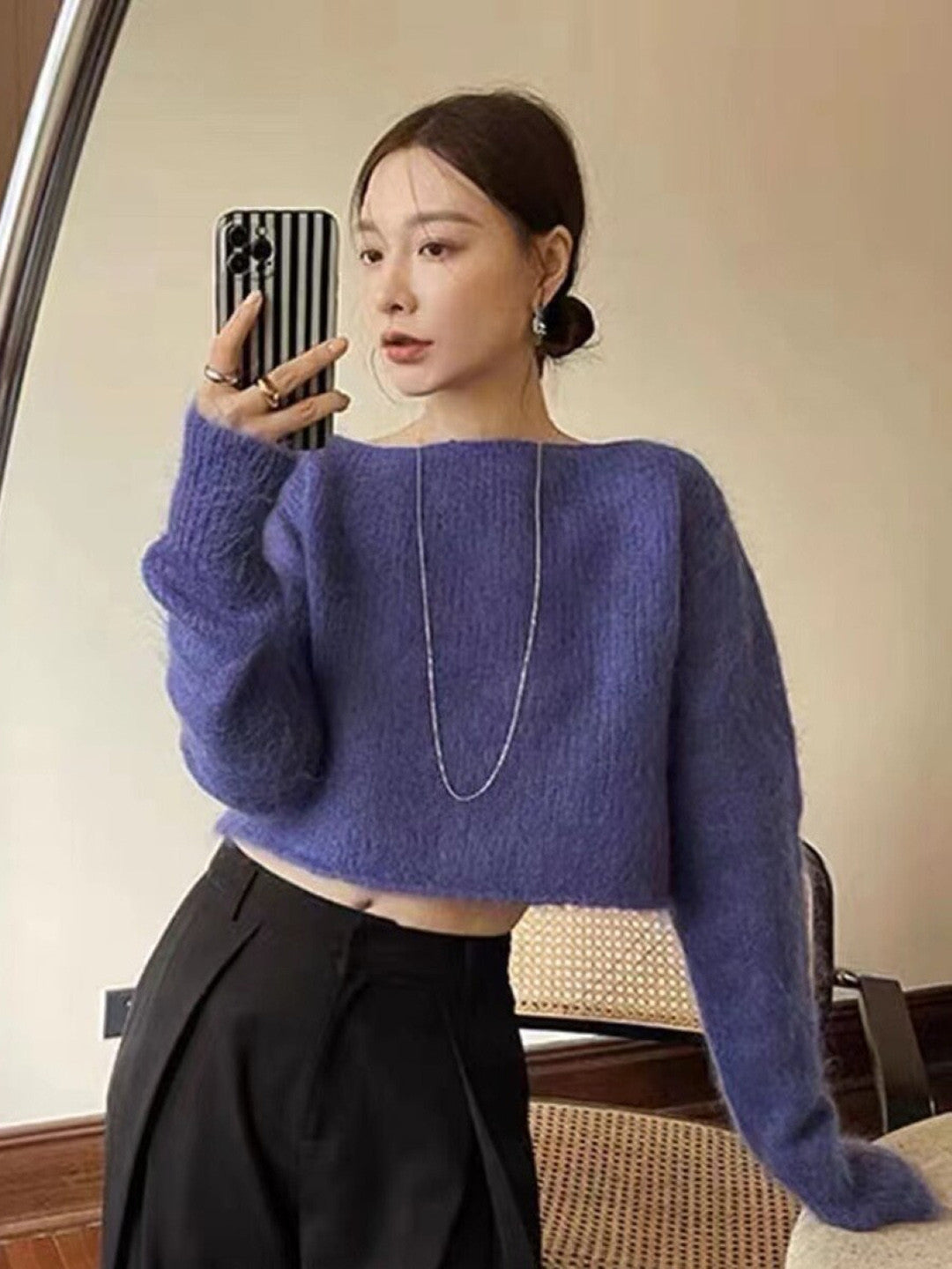 Purple Round Neck Long Sleeves Solid Top