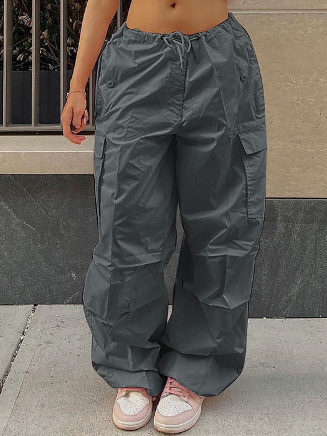 Grey Solid Loose Fit Polyester Trouser