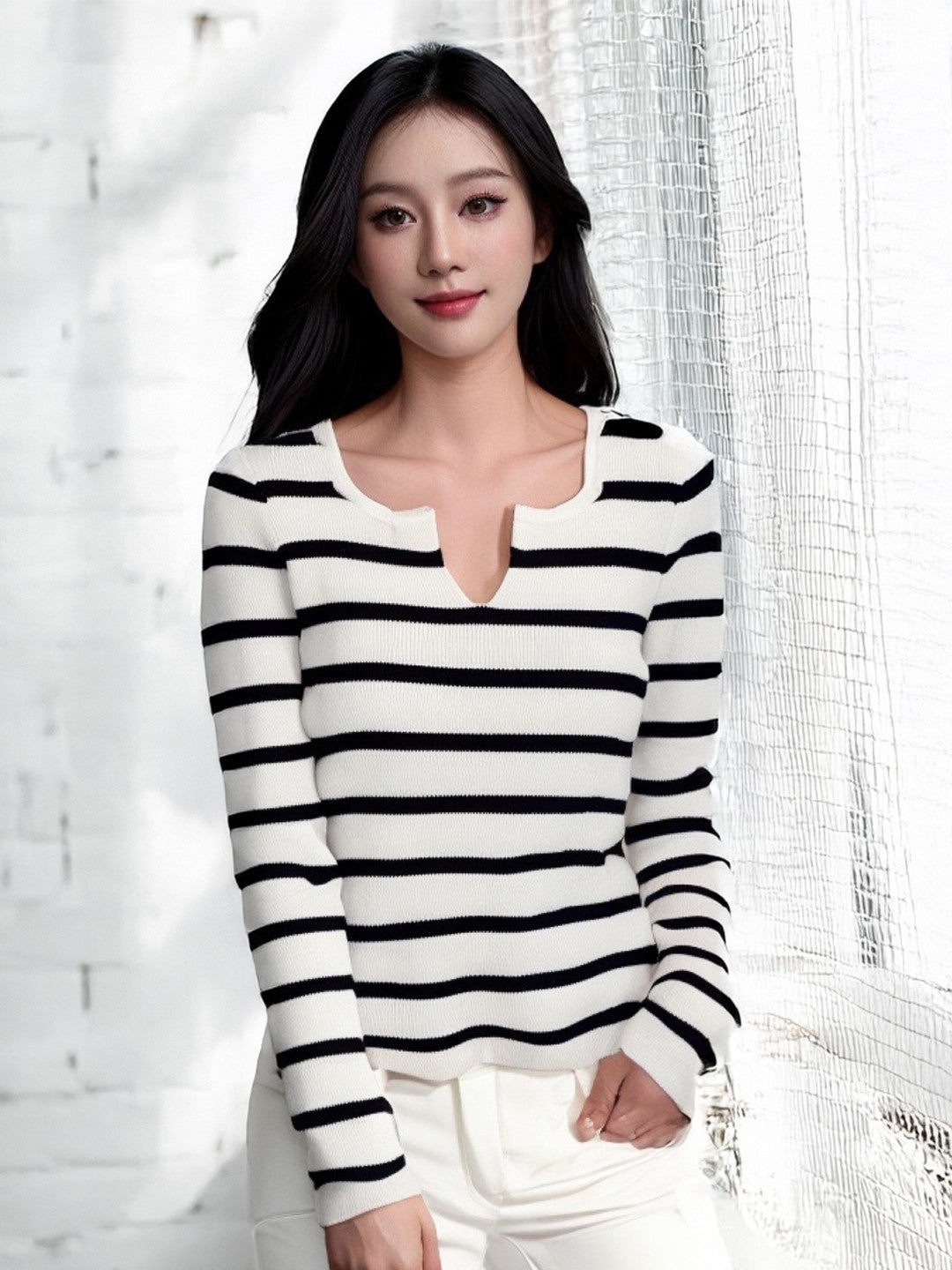 Black V-Neck Long Sleeves Pullover Striped Polyester Sweater