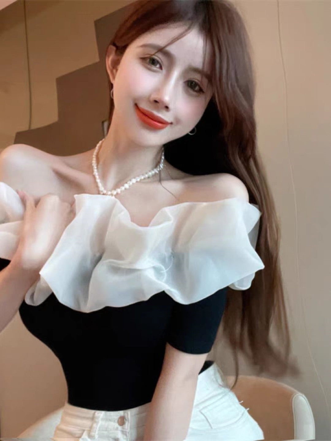 Black Off-Shoulder Solid Short Sleeves Viscose Rayon Regular Top