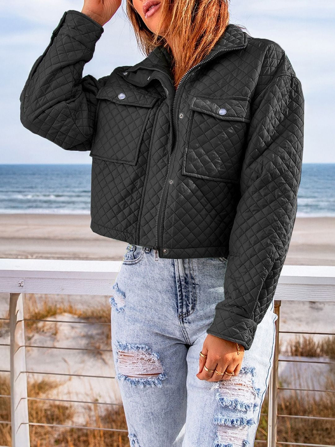 Black Spread Collar Long Sleeves Solid Polyester Open Front Jacket