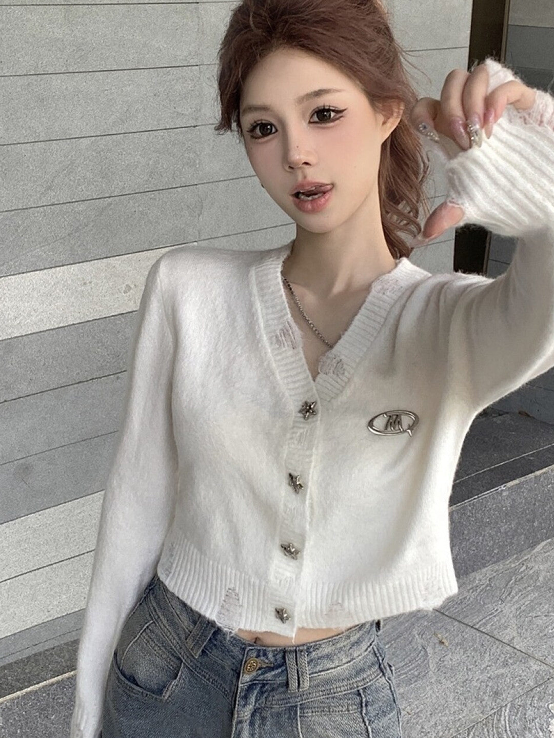 White V-Neck Long Sleeves Typography Regular Sleeves Polyester Top