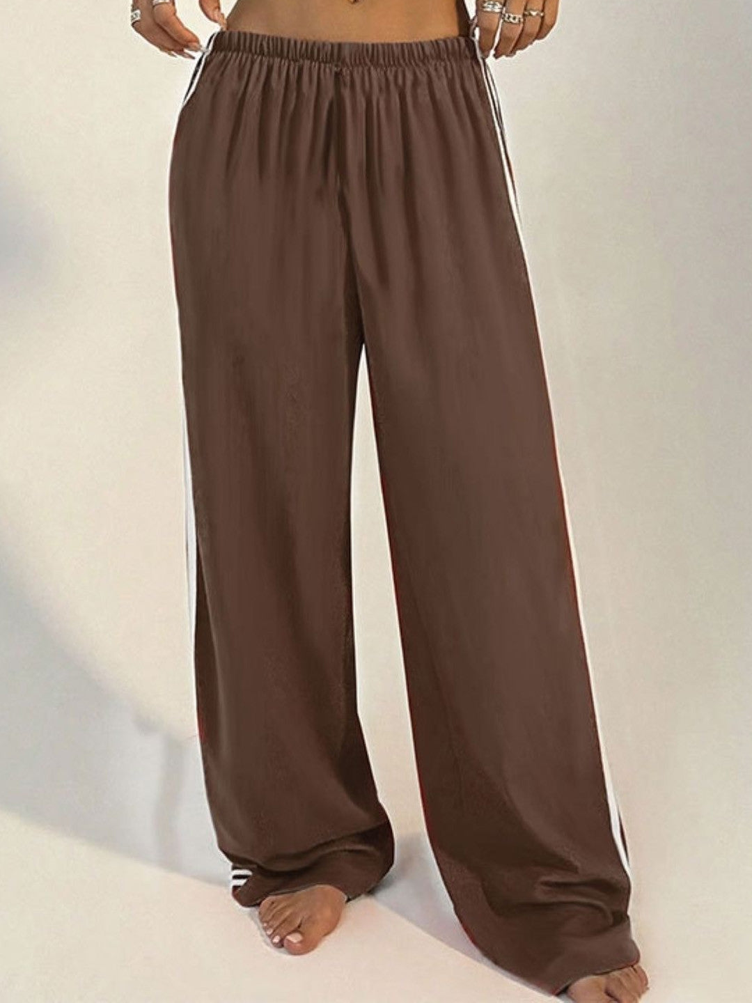 Brown Loose Fit Striped Polyester Trouser