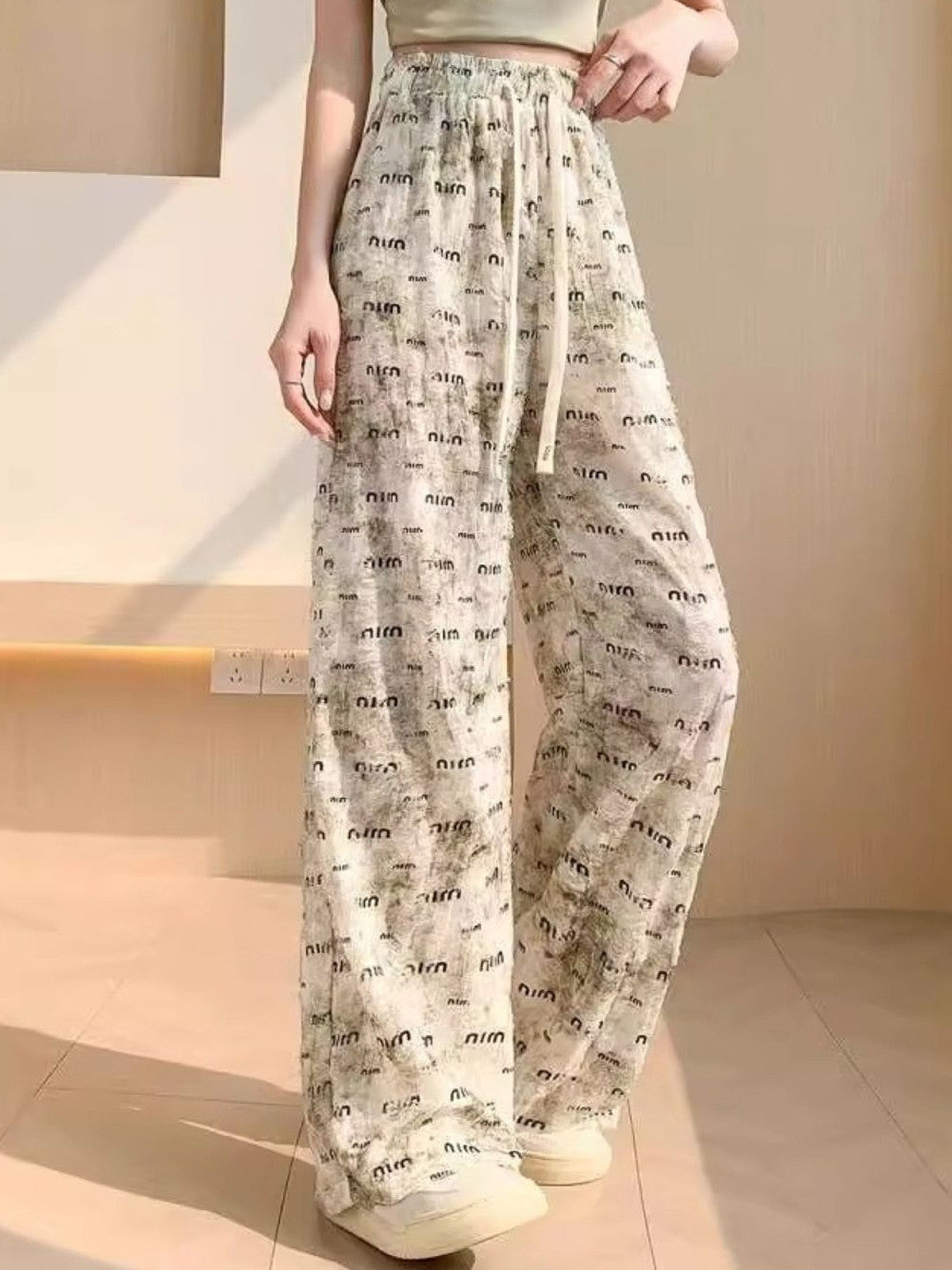 Grey Printed Loose Fit Polyester Trouser