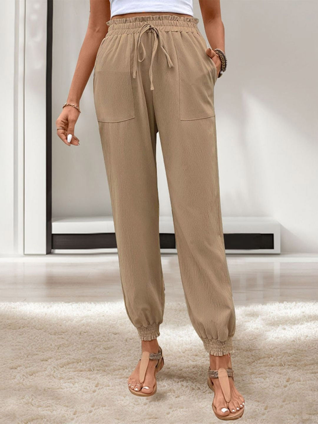 Khaki Regular Fit Solid Polyester Trouser