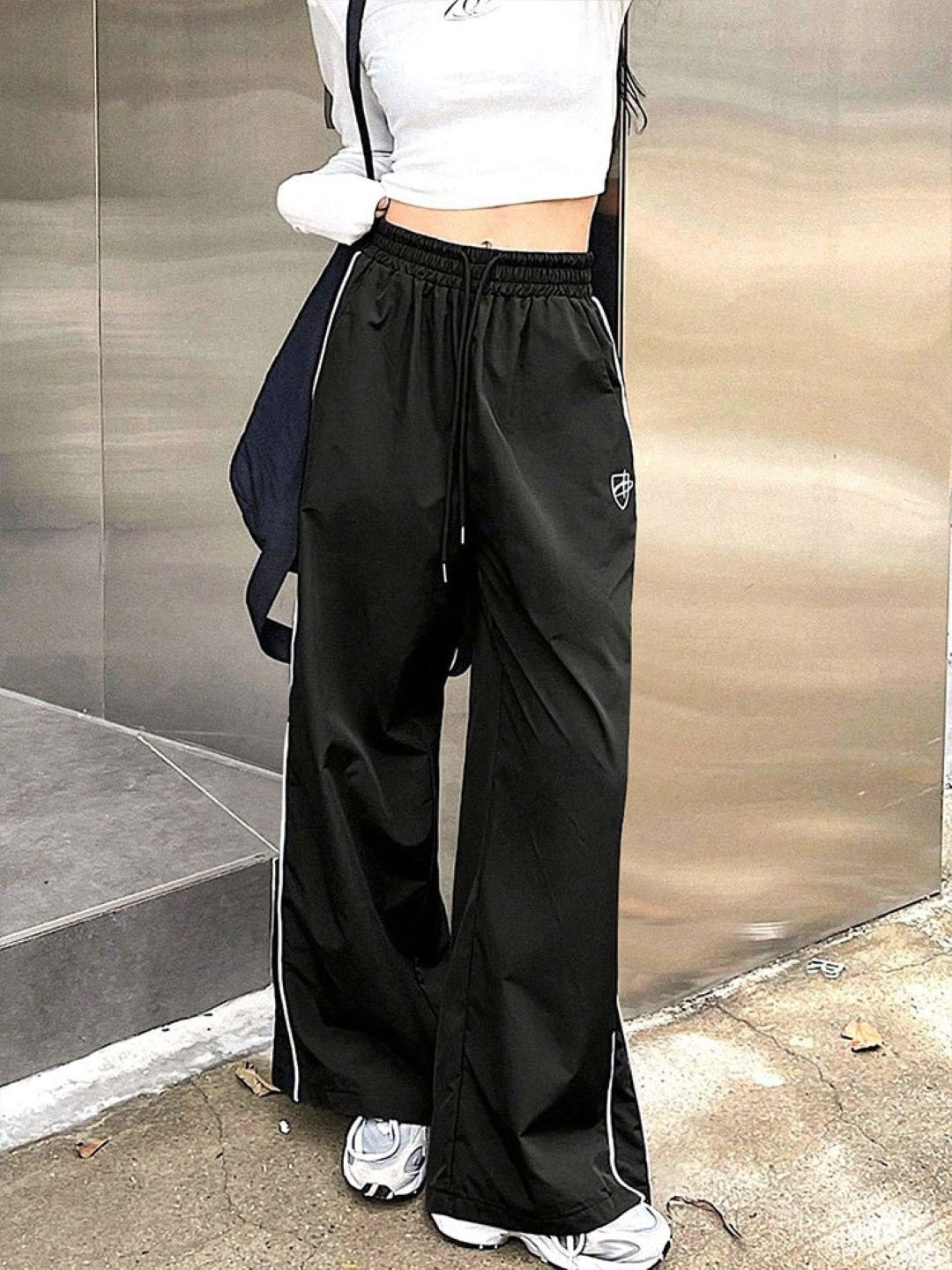 Black Relaxed Fit Striped Polyester Trouser