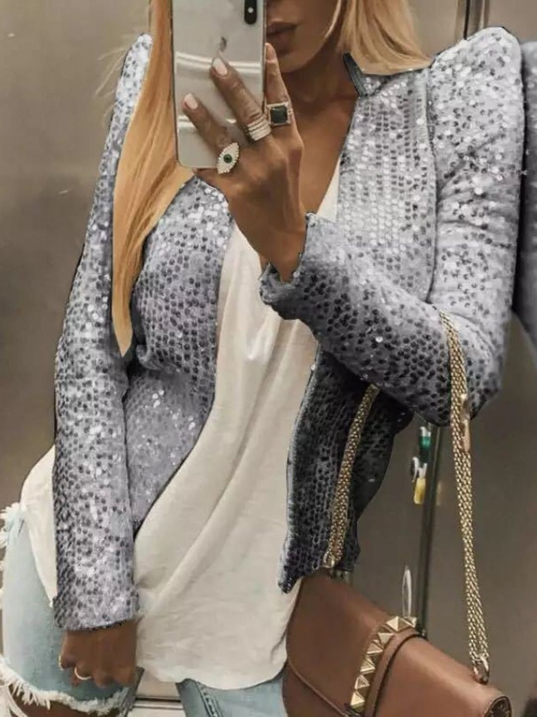 Silver Collarless Long Sleeves Solid Polyester Open Front Jacket