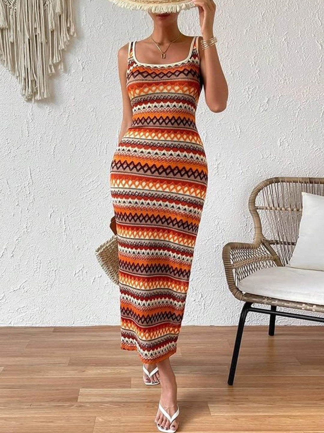 Red Round Neck Ethnic Motifs Maxi Bodycon Sleeveless Polyester Dress