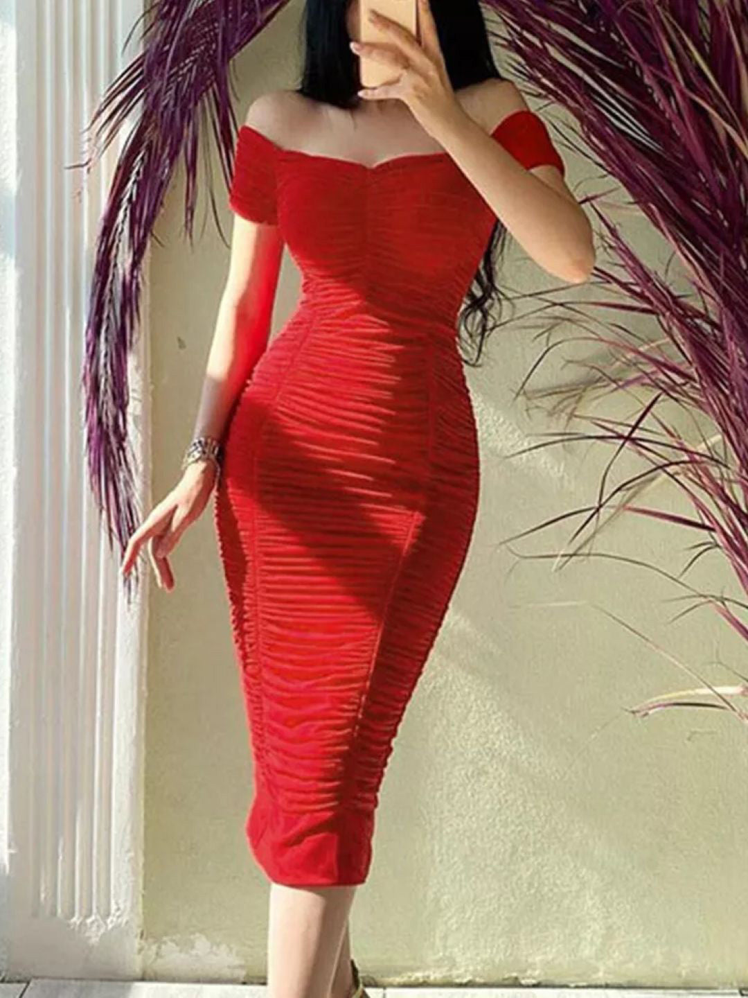 Red Off-Shoulder Solid Midi Bodycon Short Sleeves Polyester Dress