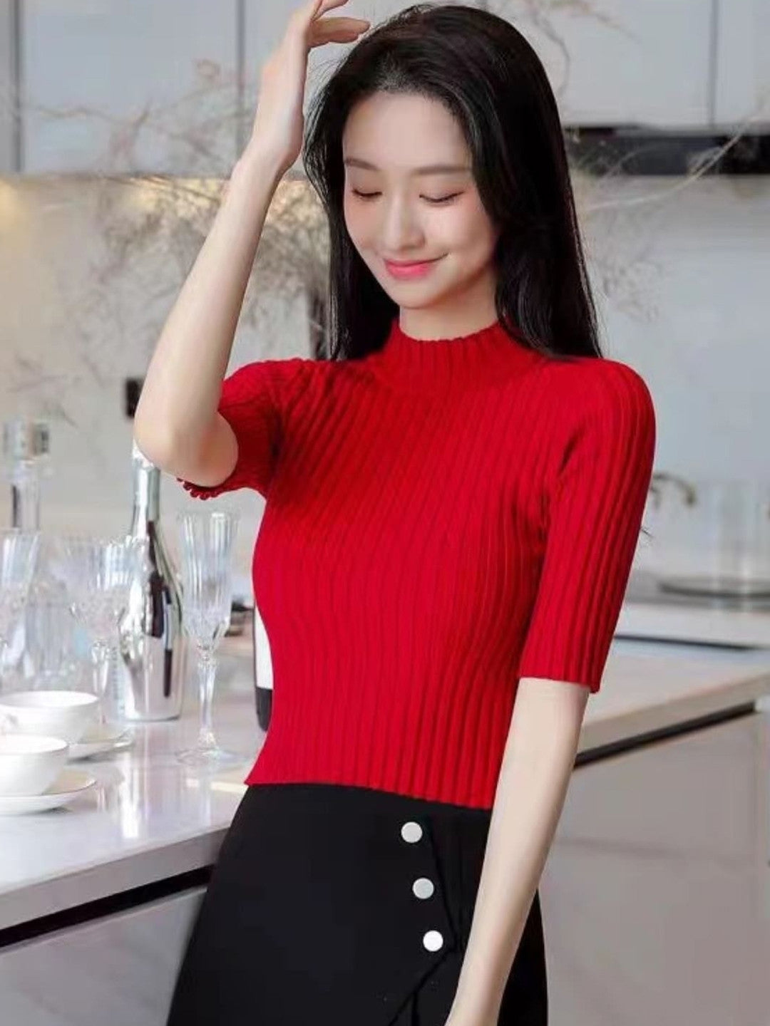 Red High Neck Solid Short Sleeves Viscose Rayon Regular Top