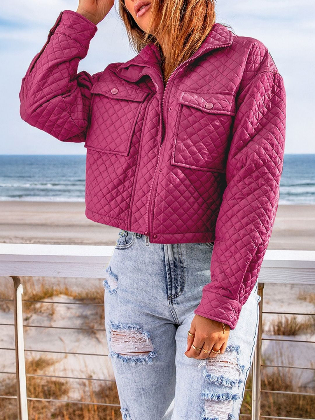 Pink Spread Collar Long Sleeves Solid Polyester Open Front Jacket