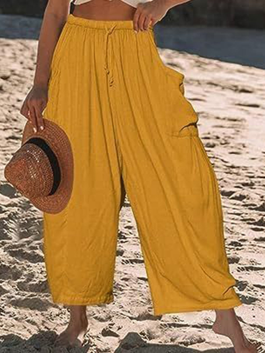 Yellow Loose Fit Solid Polyester Trouser